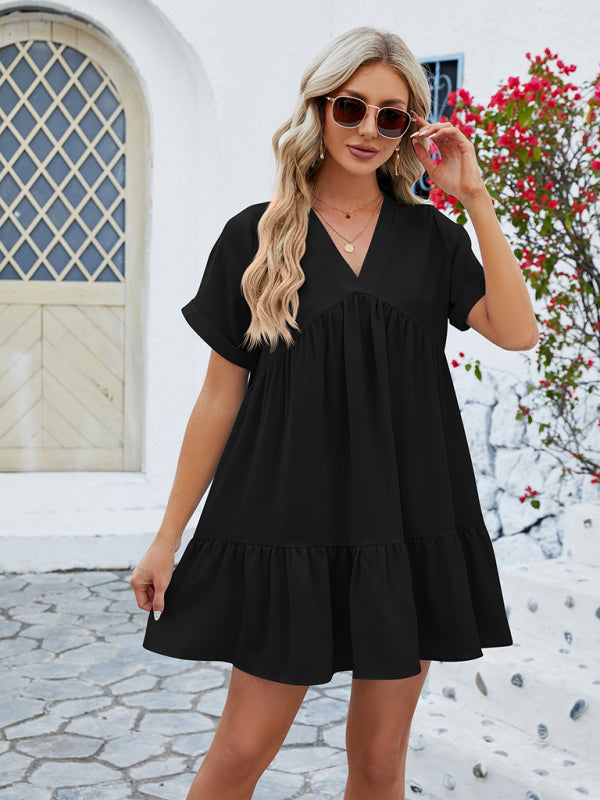 Blue Zone Planet | V-neck solid color short-sleeved pleated loose dress BLUE ZONE PLANET