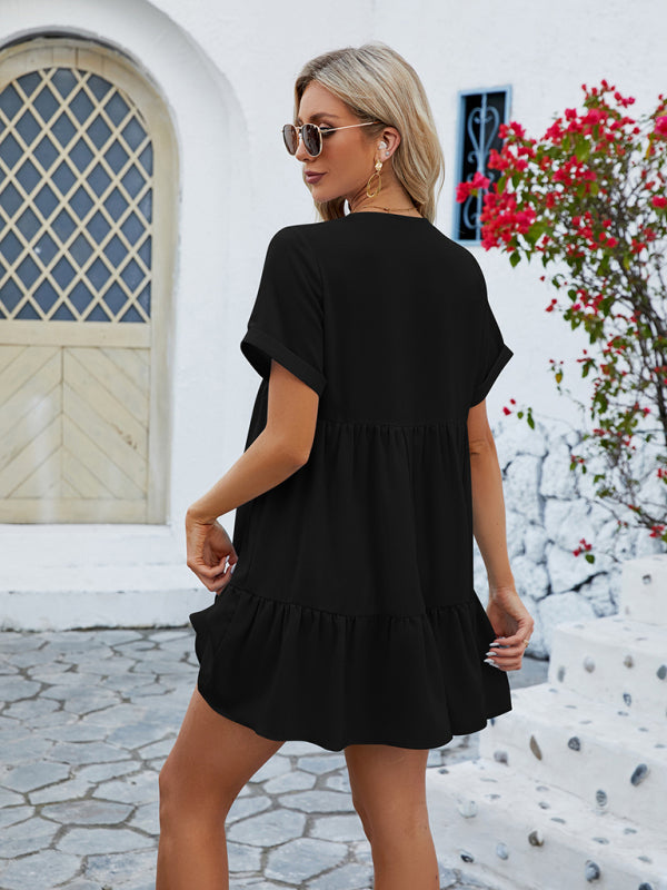 Blue Zone Planet | V-neck solid color short-sleeved pleated loose dress BLUE ZONE PLANET