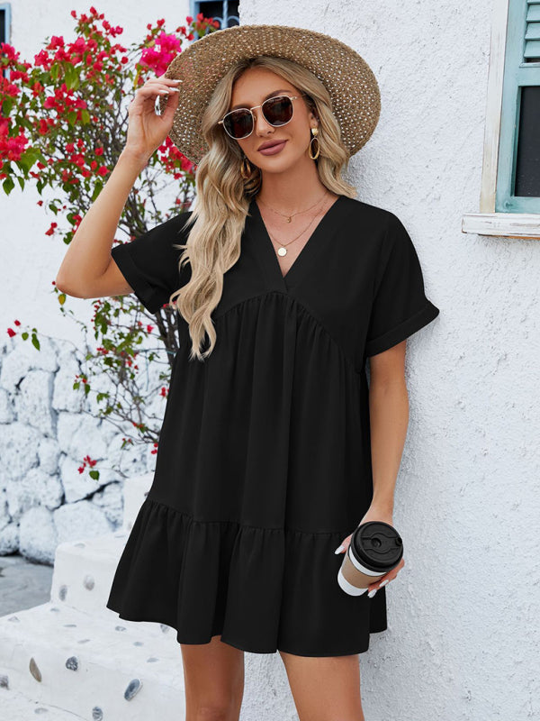 Blue Zone Planet | V-neck solid color short-sleeved pleated loose dress BLUE ZONE PLANET