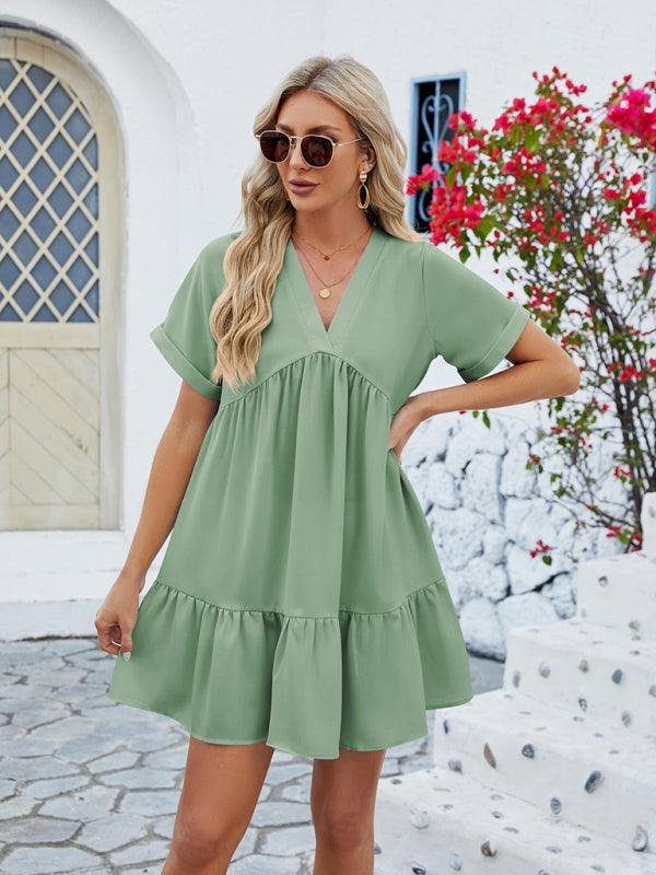 Blue Zone Planet | V-neck solid color short-sleeved pleated loose dress BLUE ZONE PLANET