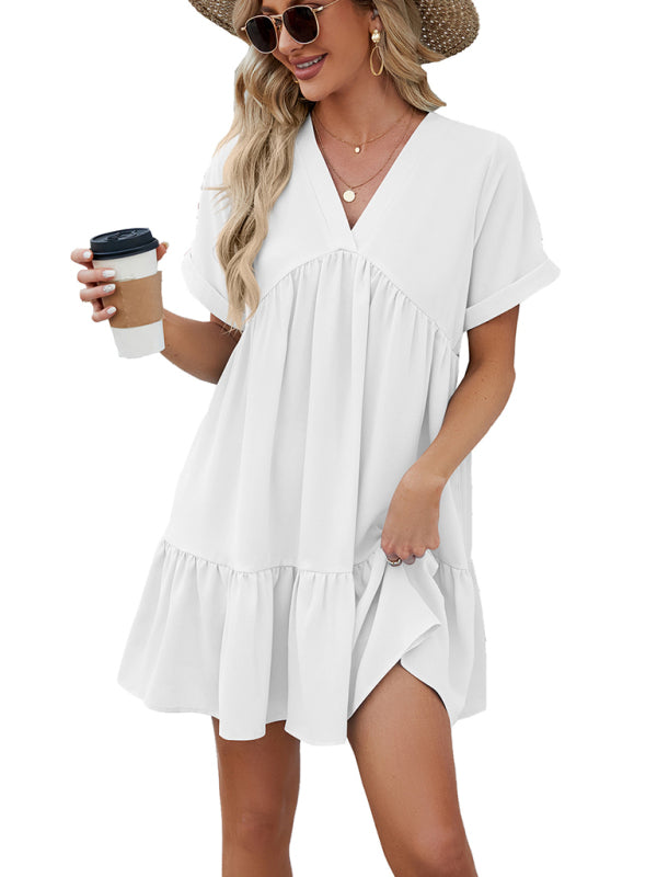 Blue Zone Planet | V-neck solid color short-sleeved pleated loose dress BLUE ZONE PLANET