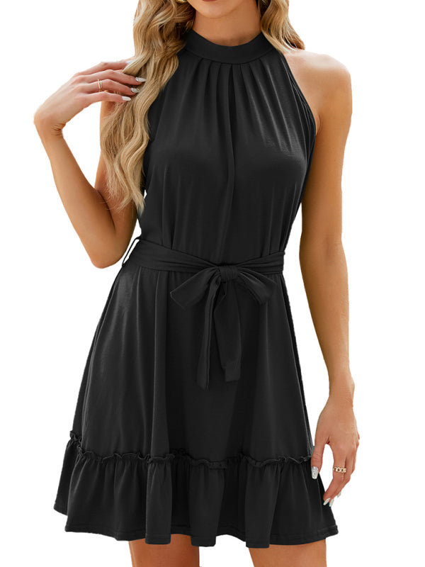 Blue Zone Planet | halter neck strap pleated sleeveless solid color dress BLUE ZONE PLANET