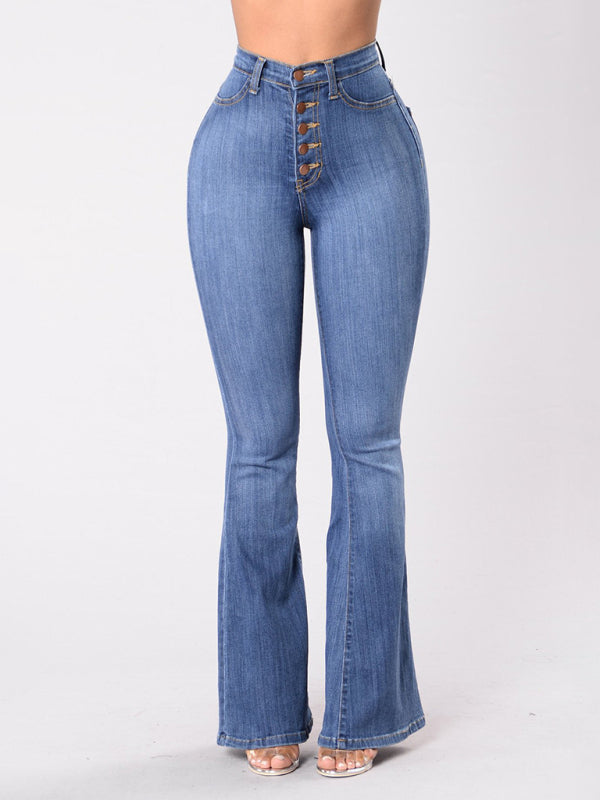 Blue Zone Planet | high-waist washed button slim fit slightly flared wide-leg denim trousers BLUE ZONE PLANET