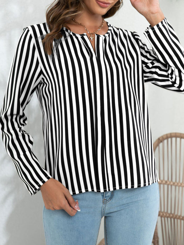 Autumn's Striped Round Neck Blouse Blue Zone Planet