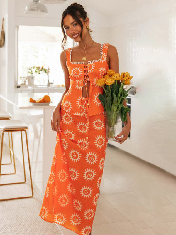 Women's New Lace Spliced Square Neck Top Printed Long Skirt Hem Slit Long Skirt Suit BLUE ZONE PLANET