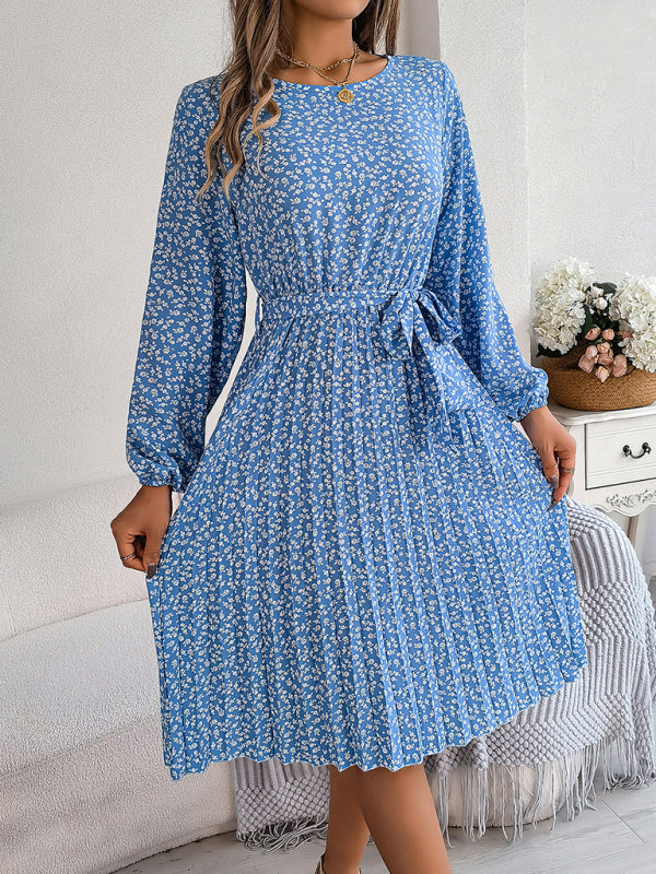 long-sleeved floral large hem pleated dress kakaclo