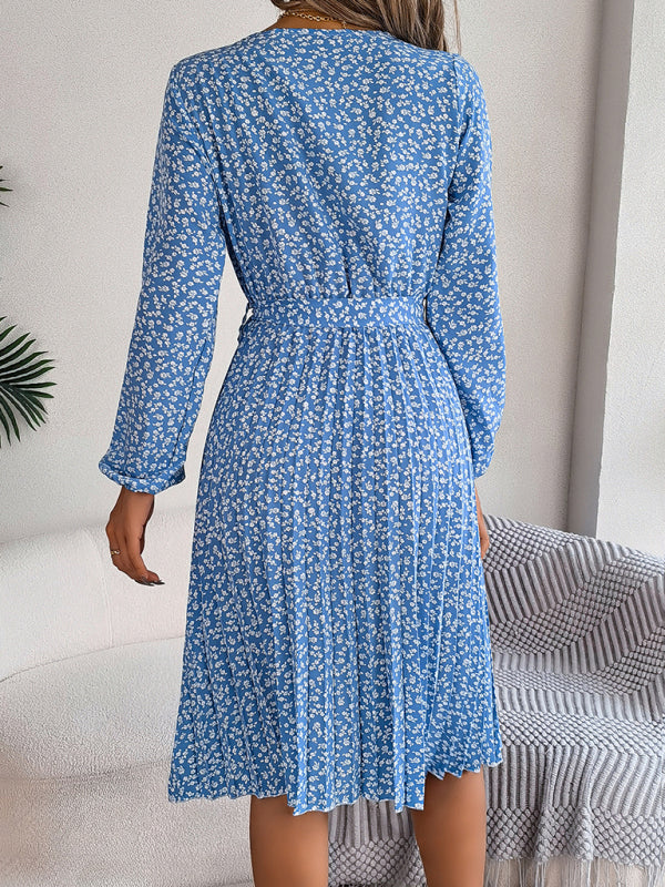 long-sleeved floral large hem pleated dress kakaclo