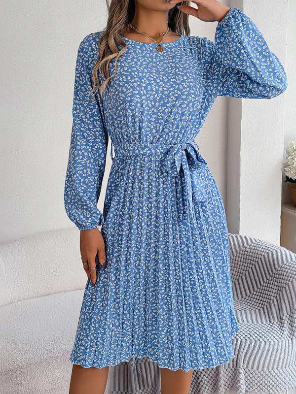 long-sleeved floral large hem pleated dress kakaclo