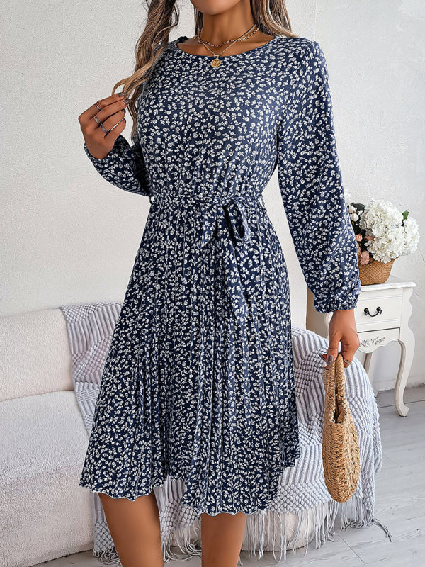 long-sleeved floral large hem pleated dress kakaclo