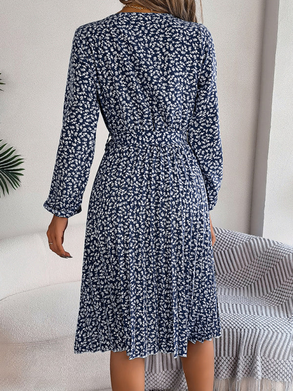 long-sleeved floral large hem pleated dress kakaclo