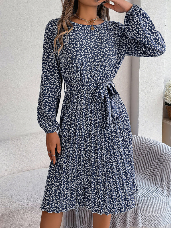 long-sleeved floral large hem pleated dress kakaclo