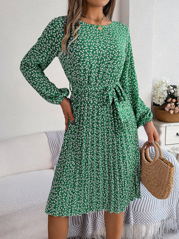 long-sleeved floral large hem pleated dress kakaclo