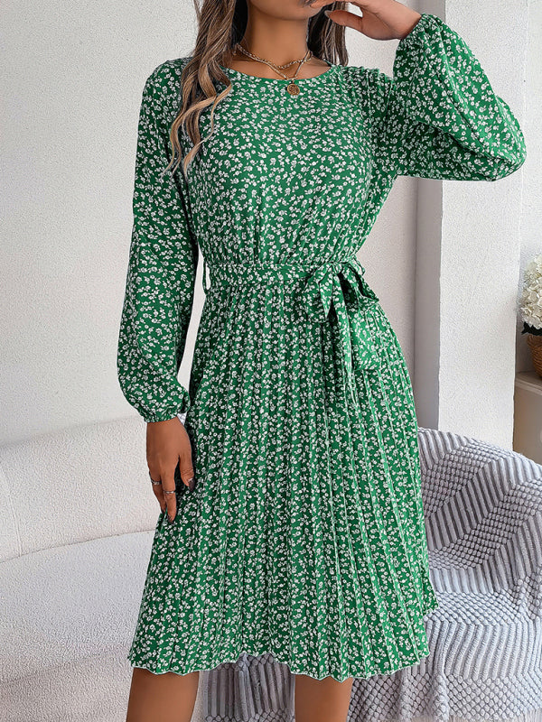 long-sleeved floral large hem pleated dress kakaclo