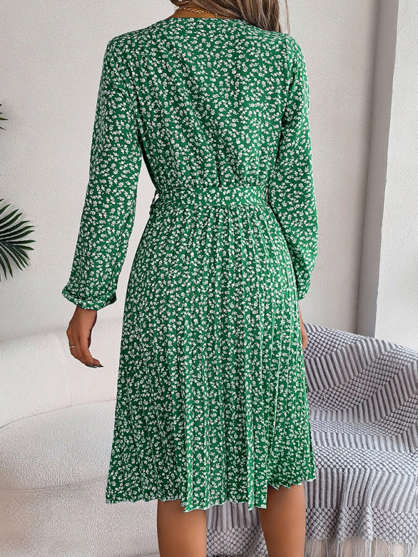 long-sleeved floral large hem pleated dress kakaclo