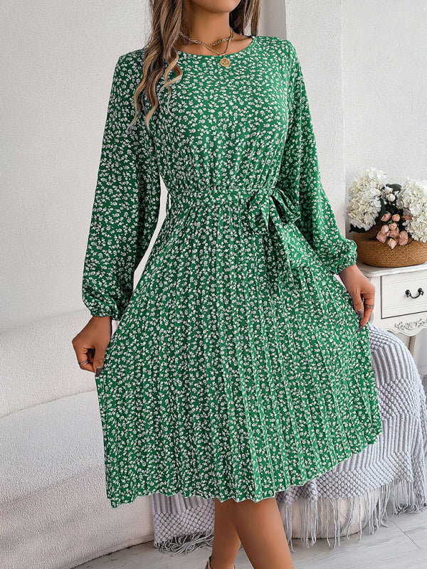 long-sleeved floral large hem pleated dress kakaclo