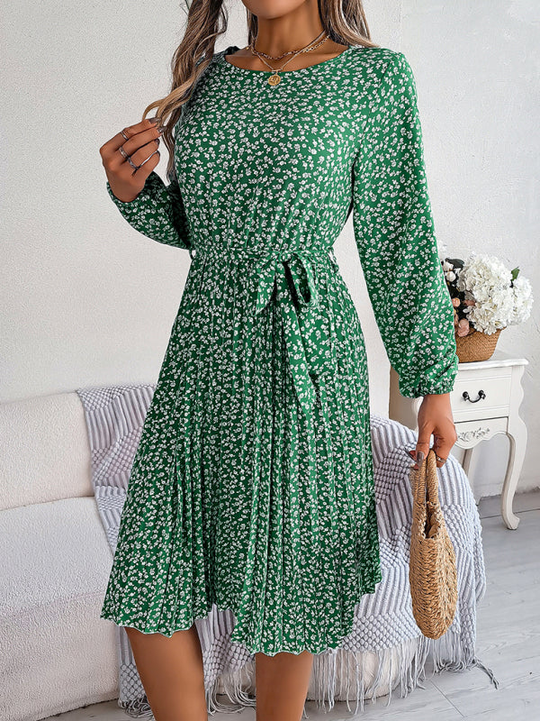 long-sleeved floral large hem pleated dress kakaclo
