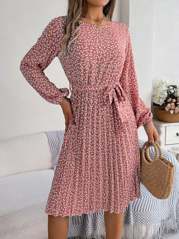 long-sleeved floral large hem pleated dress kakaclo