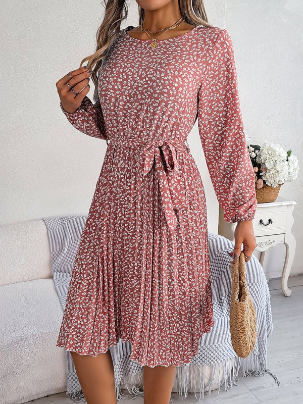 long-sleeved floral large hem pleated dress kakaclo