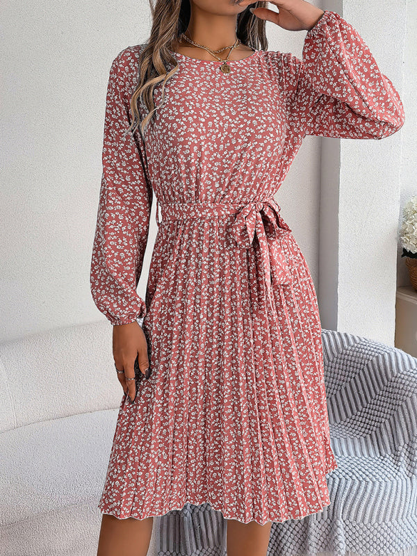 long-sleeved floral large hem pleated dress kakaclo