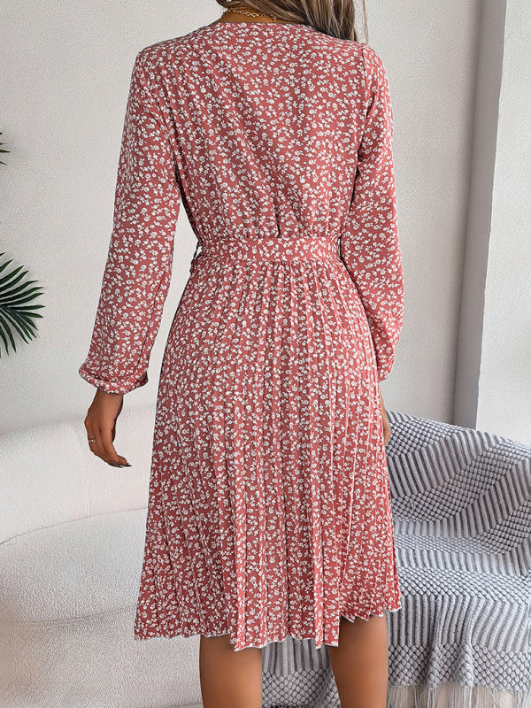 long-sleeved floral large hem pleated dress kakaclo