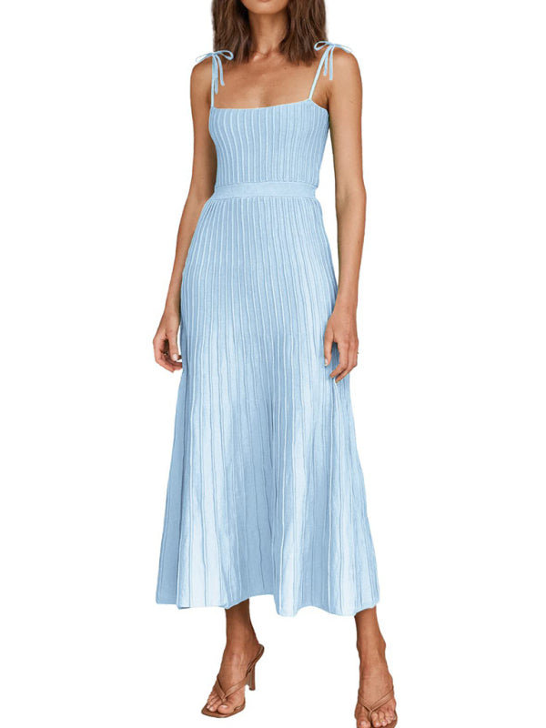 Women's new sling fashion solid color high waist wide swing knitted dress BLUE ZONE PLANET