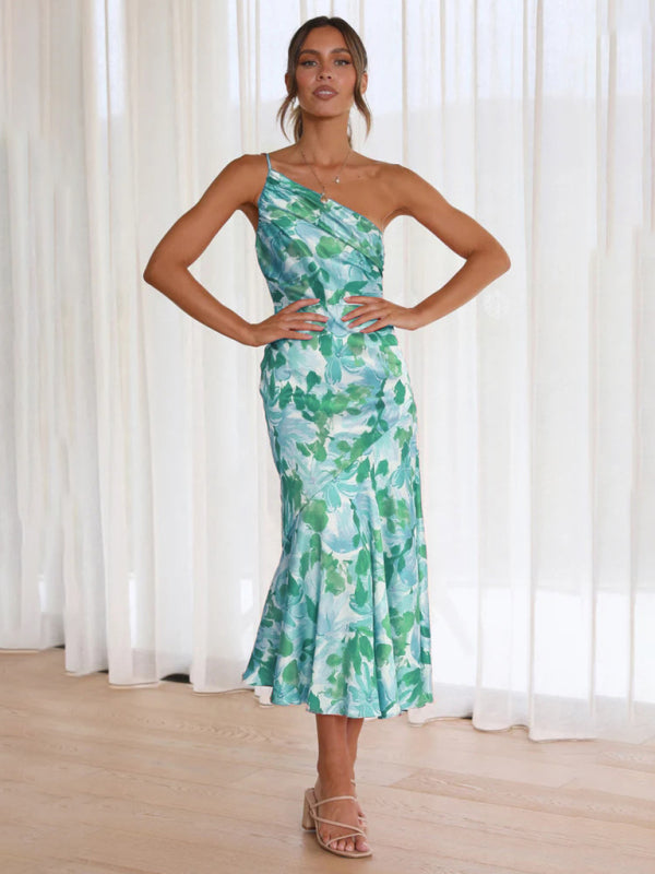 Women's new slant neck suspender fishtail print dress kakaclo