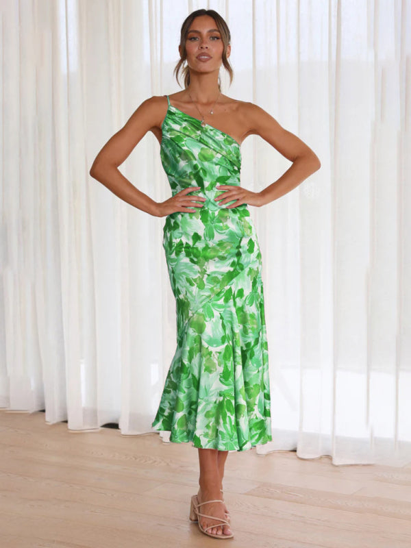 Women's new slant neck suspender fishtail print dress kakaclo
