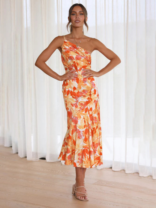 Women's new slant neck suspender fishtail print dress kakaclo