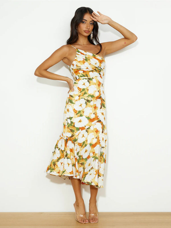 Women's new slant neck suspender fishtail print dress kakaclo