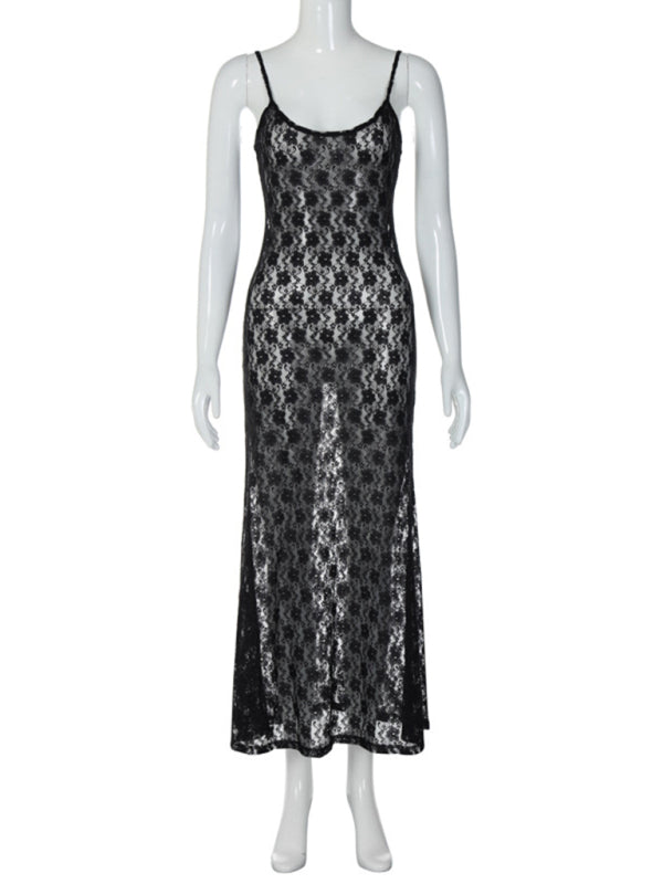 mesh spaghetti strap backless long dress kakaclo