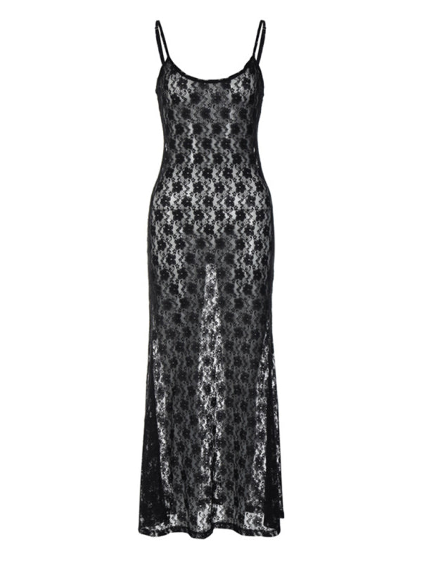 mesh spaghetti strap backless long dress kakaclo