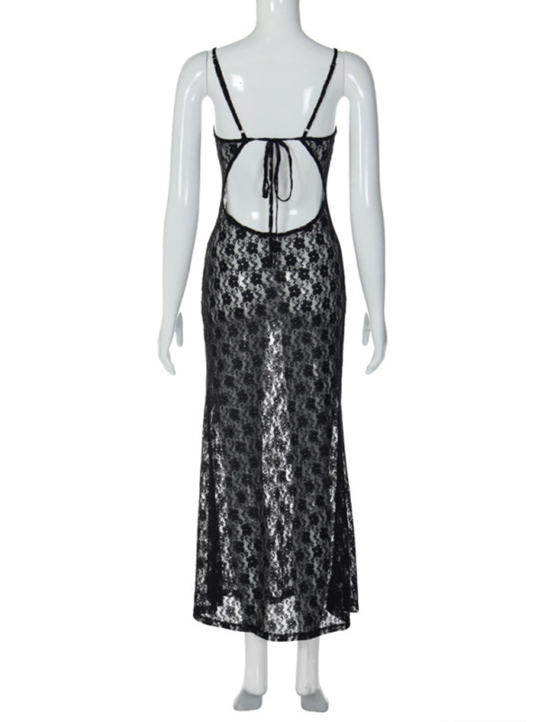 mesh spaghetti strap backless long dress kakaclo