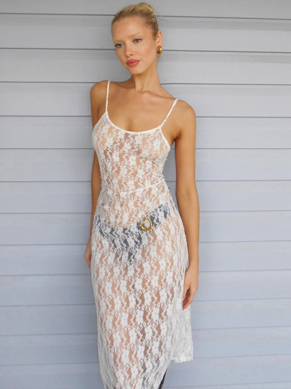 mesh spaghetti strap backless long dress kakaclo