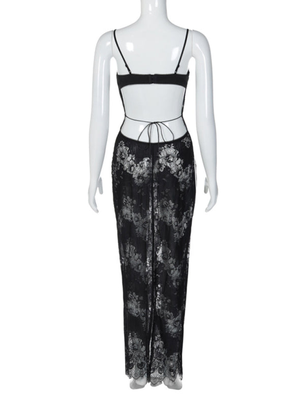 tie mesh spaghetti strap backless long dress kakaclo