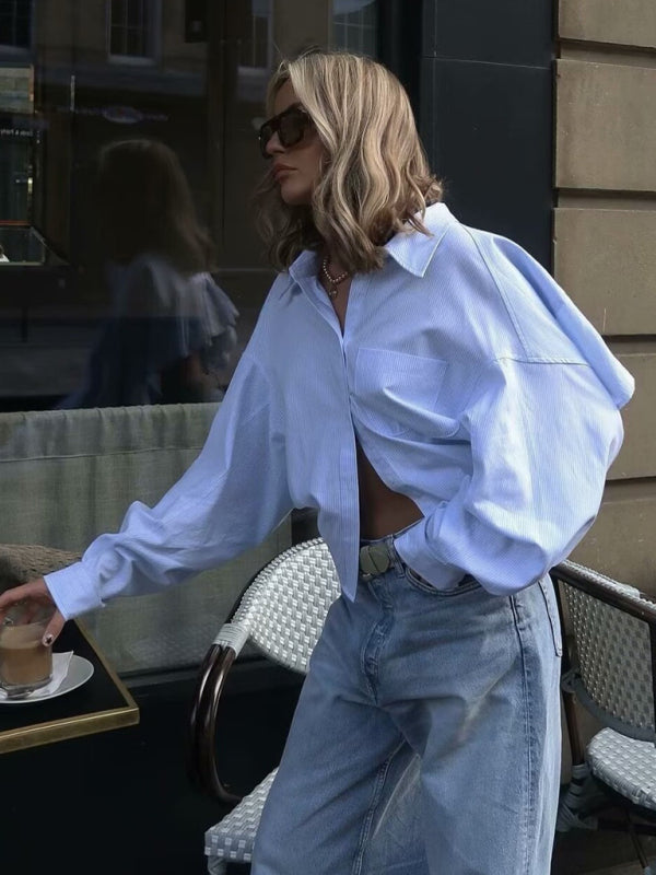 New long-sleeved striped backless personalized street shirt tops for women kakaclo