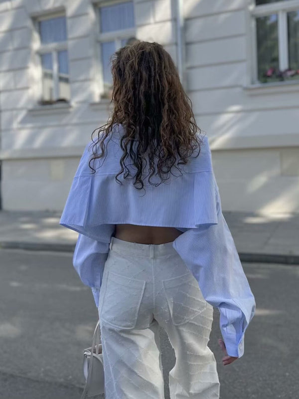 New long-sleeved striped backless personalized street shirt tops for women kakaclo