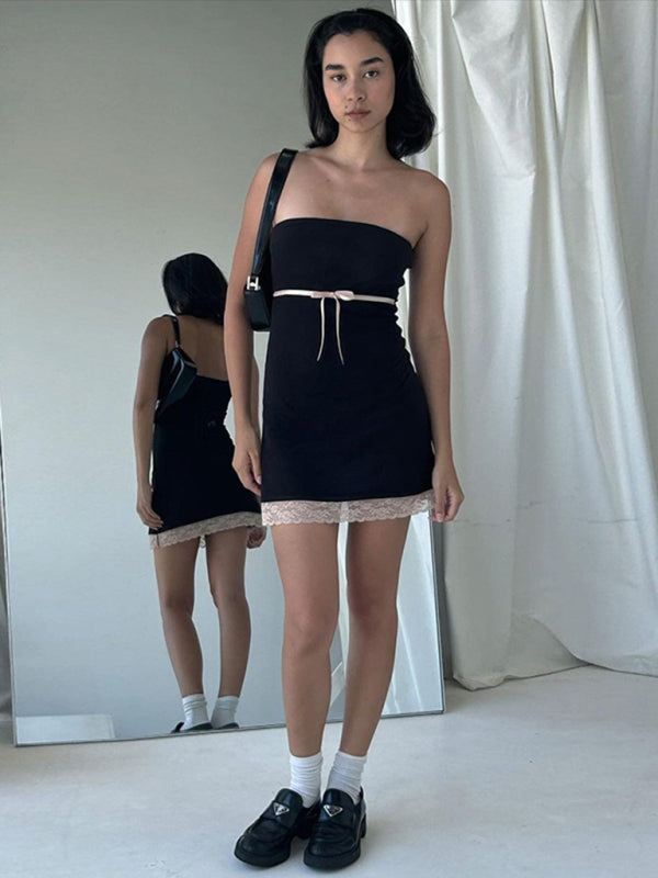 Women's Solid Color Slim Fashion Straight Neck Wrap-Up Dress kakaclo