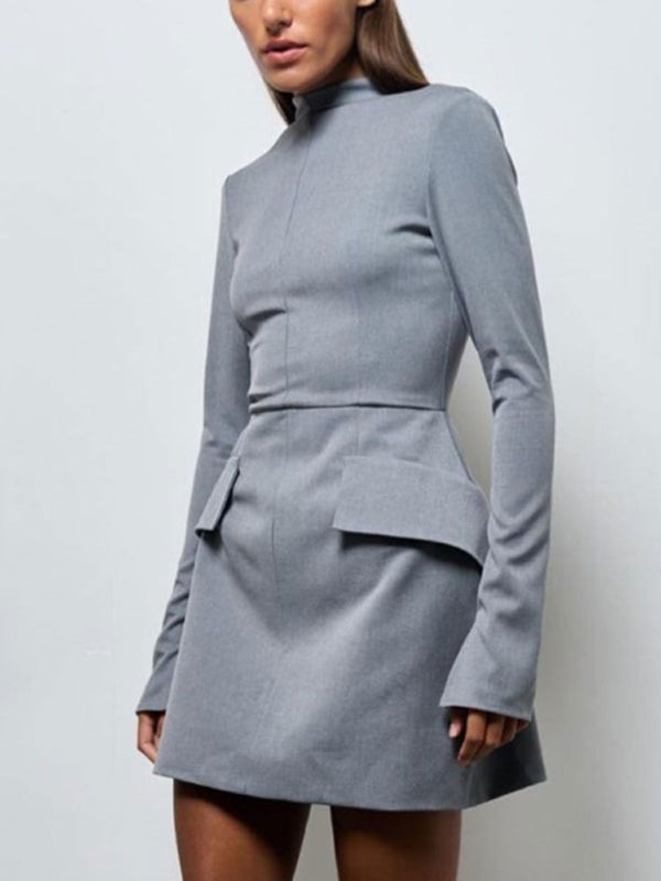 New half-high collared slit pocket hip-hugging dress kakaclo