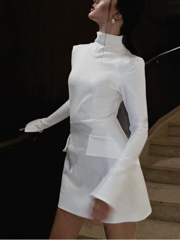 New half-high collared slit pocket hip-hugging dress kakaclo