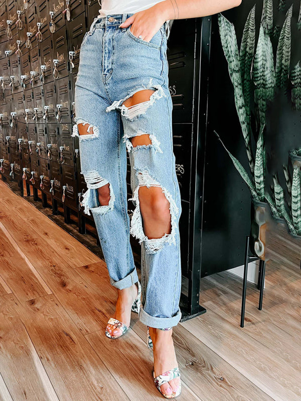 Blue Zone Planet | Straight High Waist Slimming Ripped Jeans BLUE ZONE PLANET