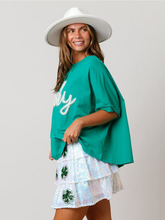 St. Patrick's lucky sequined top loose T-shirt BLUE ZONE PLANET