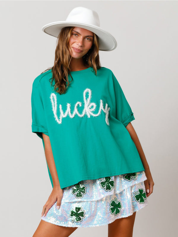 St. Patrick's lucky sequined top loose T-shirt BLUE ZONE PLANET