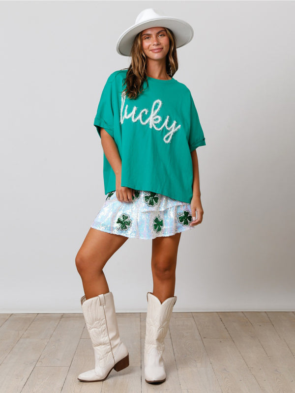 St. Patrick's lucky sequined top loose T-shirt BLUE ZONE PLANET