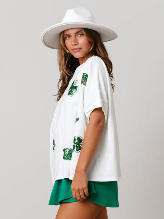 St. Patrick's four-leaf clover sequined top loose T-shirt BLUE ZONE PLANET