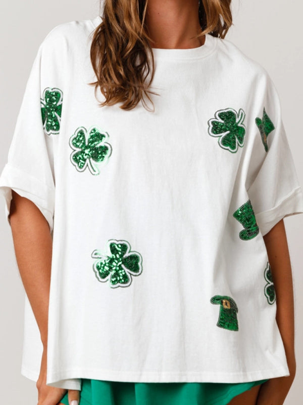 St. Patrick's four-leaf clover sequined top loose T-shirt BLUE ZONE PLANET