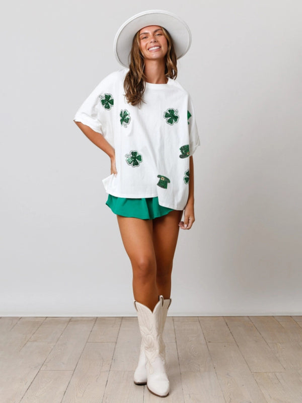 St. Patrick's four-leaf clover sequined top loose T-shirt BLUE ZONE PLANET