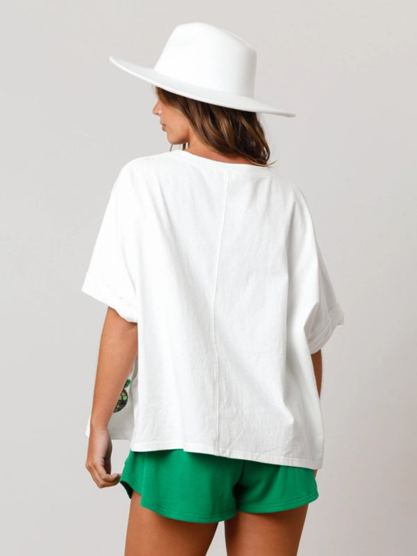 St. Patrick's Hat Sequin Top Loose T-Shirt BLUE ZONE PLANET