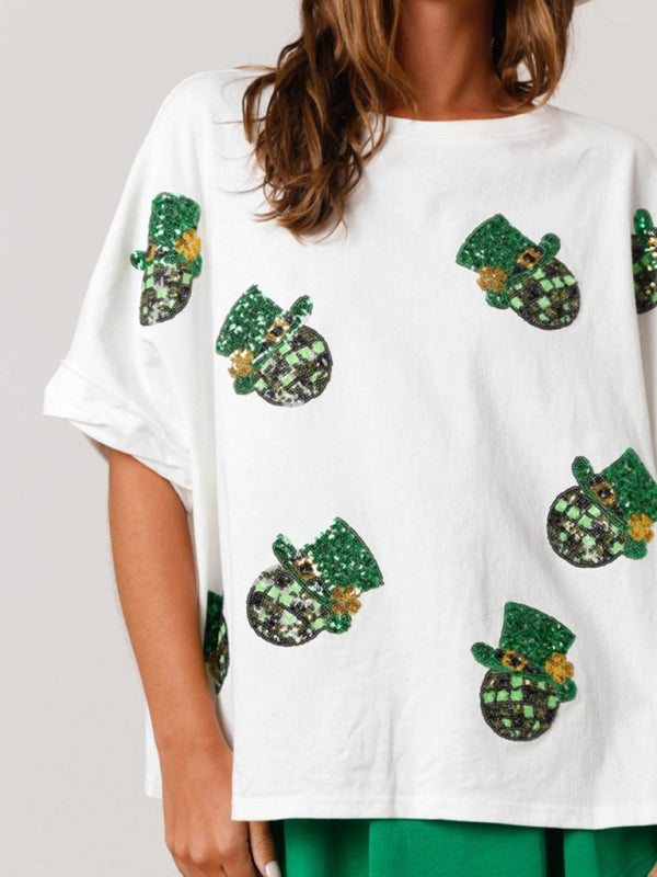 St. Patrick's Hat Sequin Top Loose T-Shirt BLUE ZONE PLANET