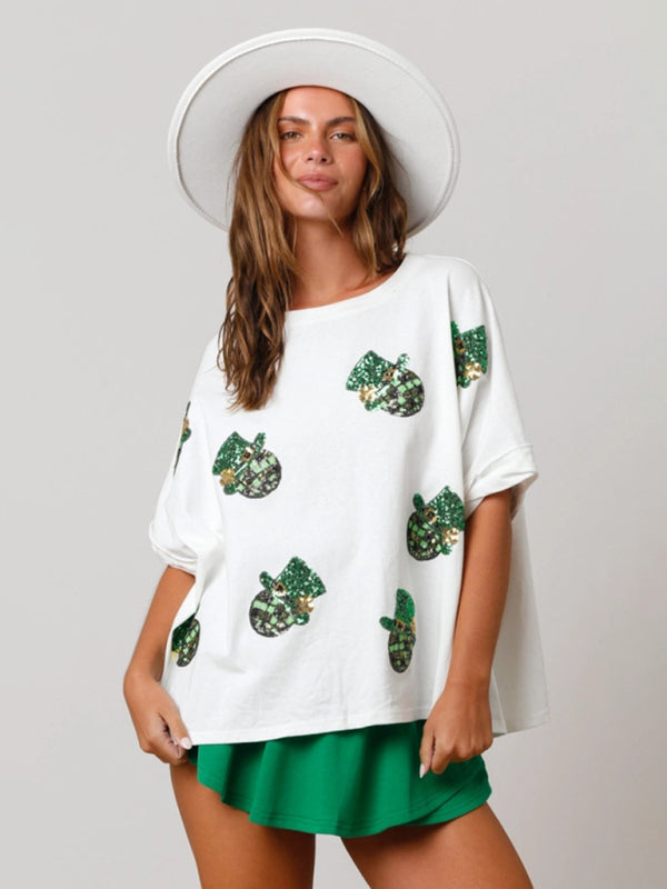 St. Patrick's Hat Sequin Top Loose T-Shirt BLUE ZONE PLANET