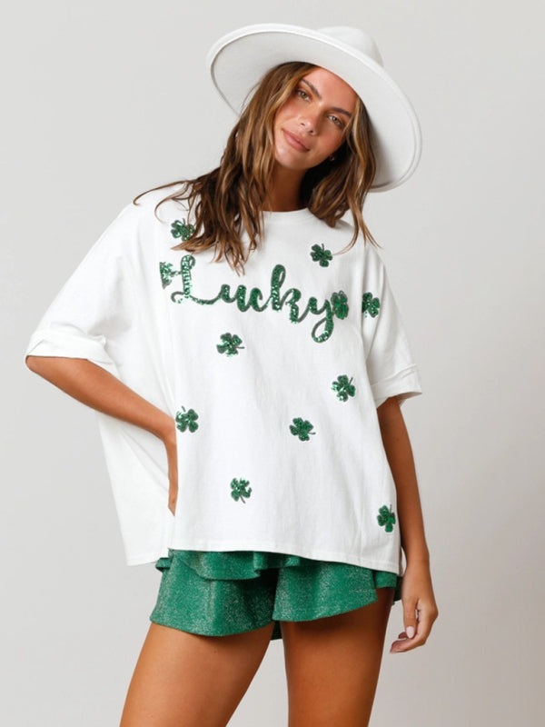 St. Patrick's lucky four-leaf clover sequined top loose T-shirt BLUE ZONE PLANET